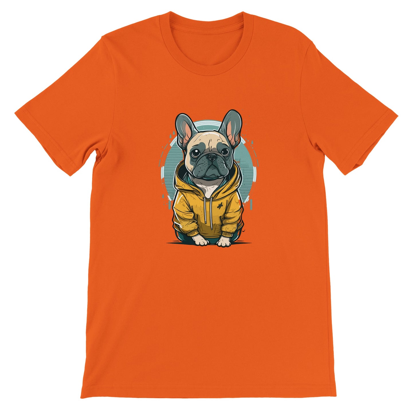 Hunde-T-Shirt – Französische Bulldogge, helles und gelbes Kapuzen-Kunstwerk – Premium-Unisex-T-Shirt 