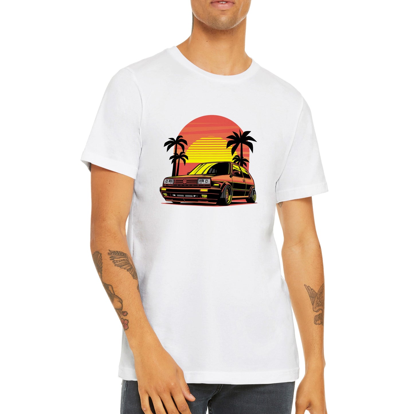 Car T-shirt - VW Golf California Sunset Artwork - Premium Unisex T-shirt 