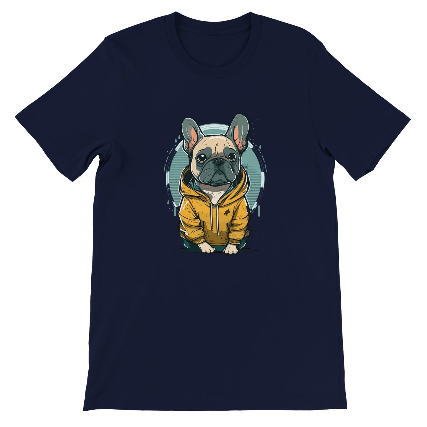 Hunde-T-Shirt – Französische Bulldogge, helles und gelbes Kapuzen-Kunstwerk – Premium-Unisex-T-Shirt 