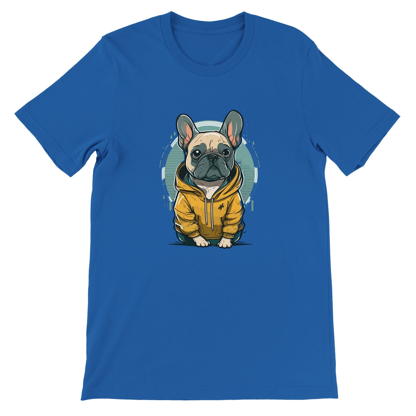 Hunde-T-Shirt – Französische Bulldogge, helles und gelbes Kapuzen-Kunstwerk – Premium-Unisex-T-Shirt 