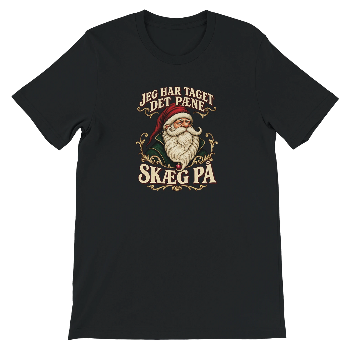 Unisex jule-T-shirt med en nisse med bølget skæg, en julekugle og teksten “Jeg har taget det pæne skæg på”.