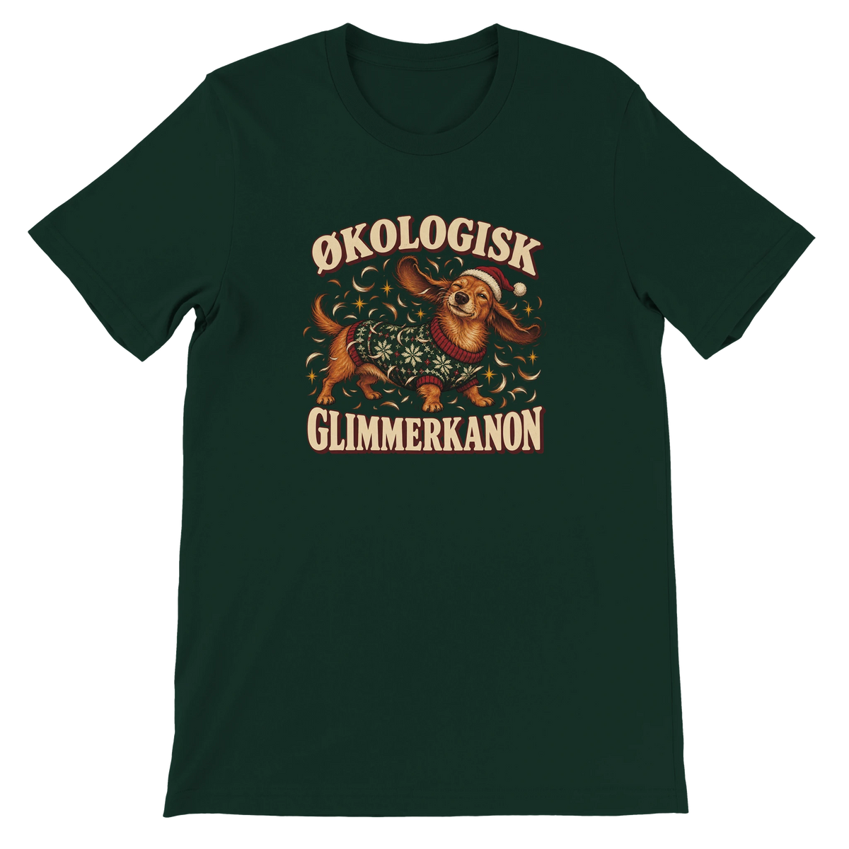 Unisex jule-T-shirt med en gravhund i grøn julesweater, flyvende hundehår og teksten “Økologisk glimmerkanon”.