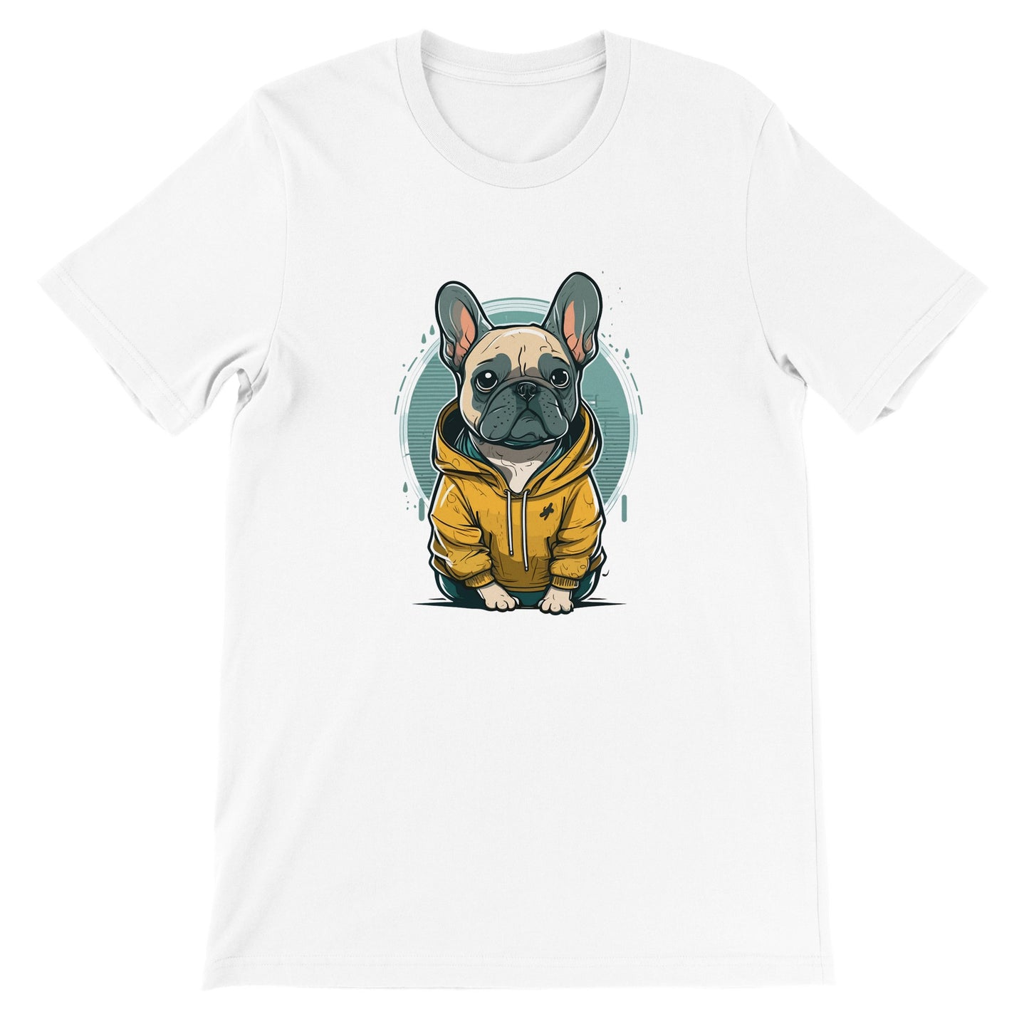 Hunde-T-Shirt – Französische Bulldogge, helles und gelbes Kapuzen-Kunstwerk – Premium-Unisex-T-Shirt 