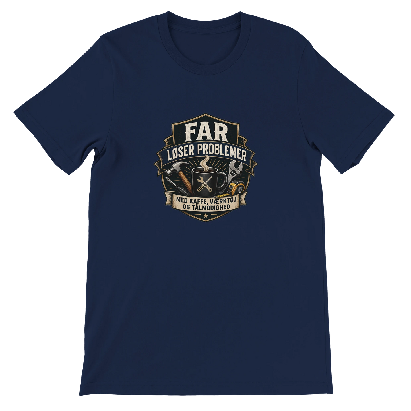 T-shirt-design med teksten Far løser problemer med kaffe værktøj og tålmodighed samt værktøj og kaffekop