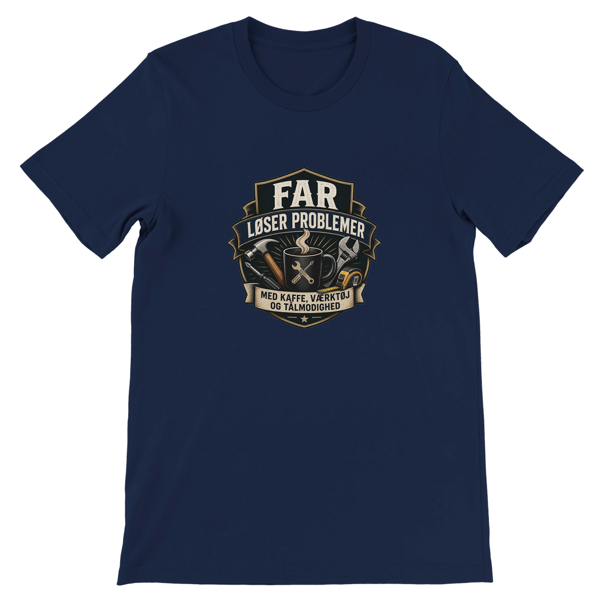 T-shirt-design med teksten Far løser problemer med kaffe værktøj og tålmodighed samt værktøj og kaffekop