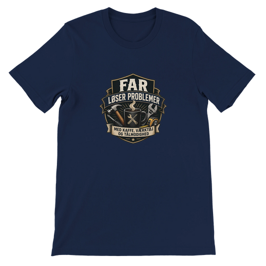 T-shirt-design med teksten Far løser problemer med kaffe værktøj og tålmodighed samt værktøj og kaffekop