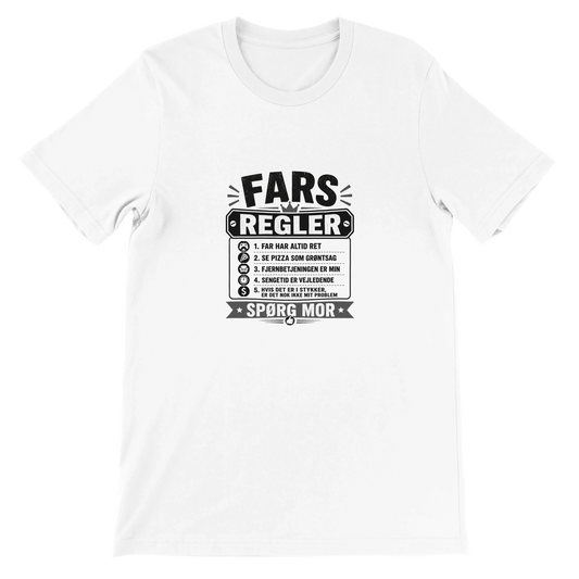 Sjov T-shirt med teksten Fars regler og flere humoristiske regler samt spørg mor nederst