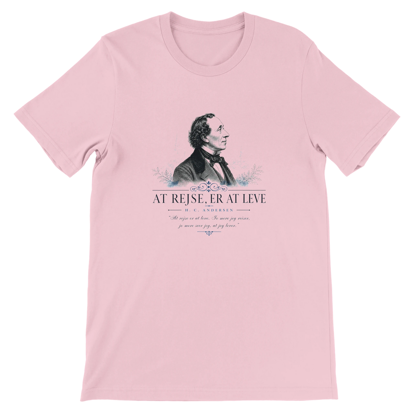 Pink H.C. Andersen T-shirt med klassisk portræt og dansk rejsecitat
