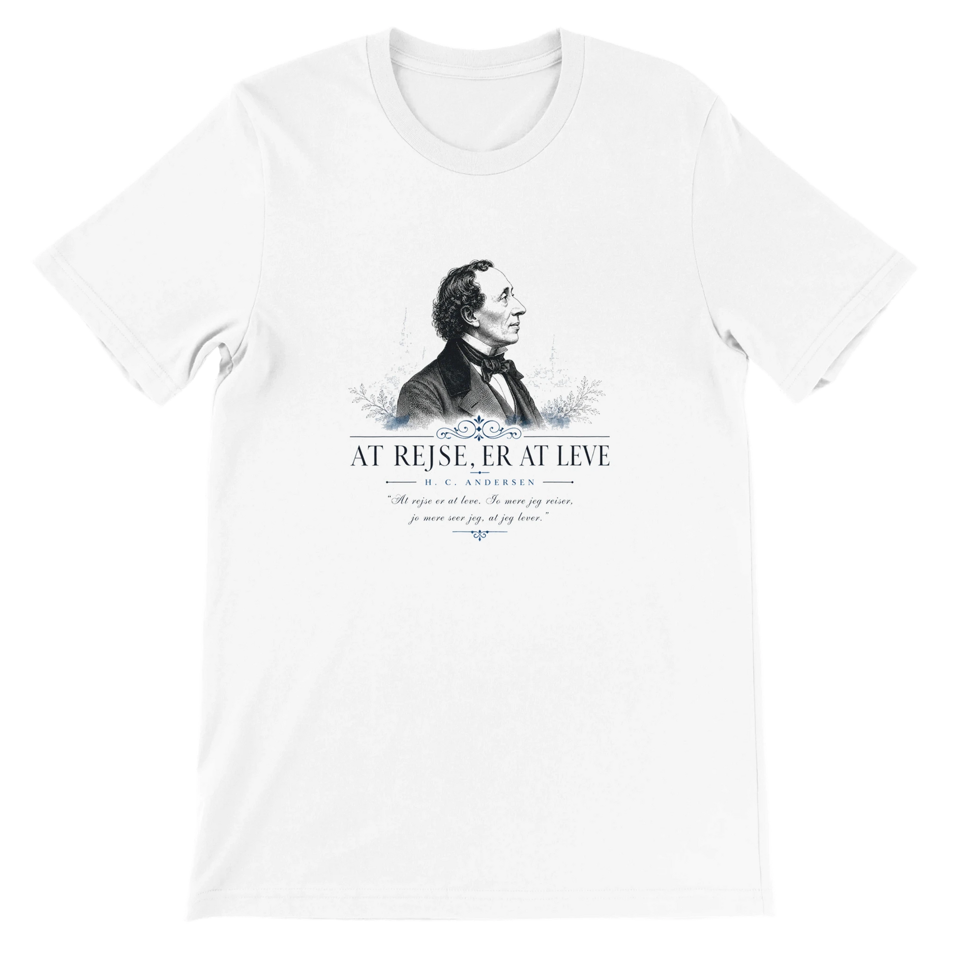 H.C. Andersen T-shirt med vintageportræt og citatet At rejse er at leve