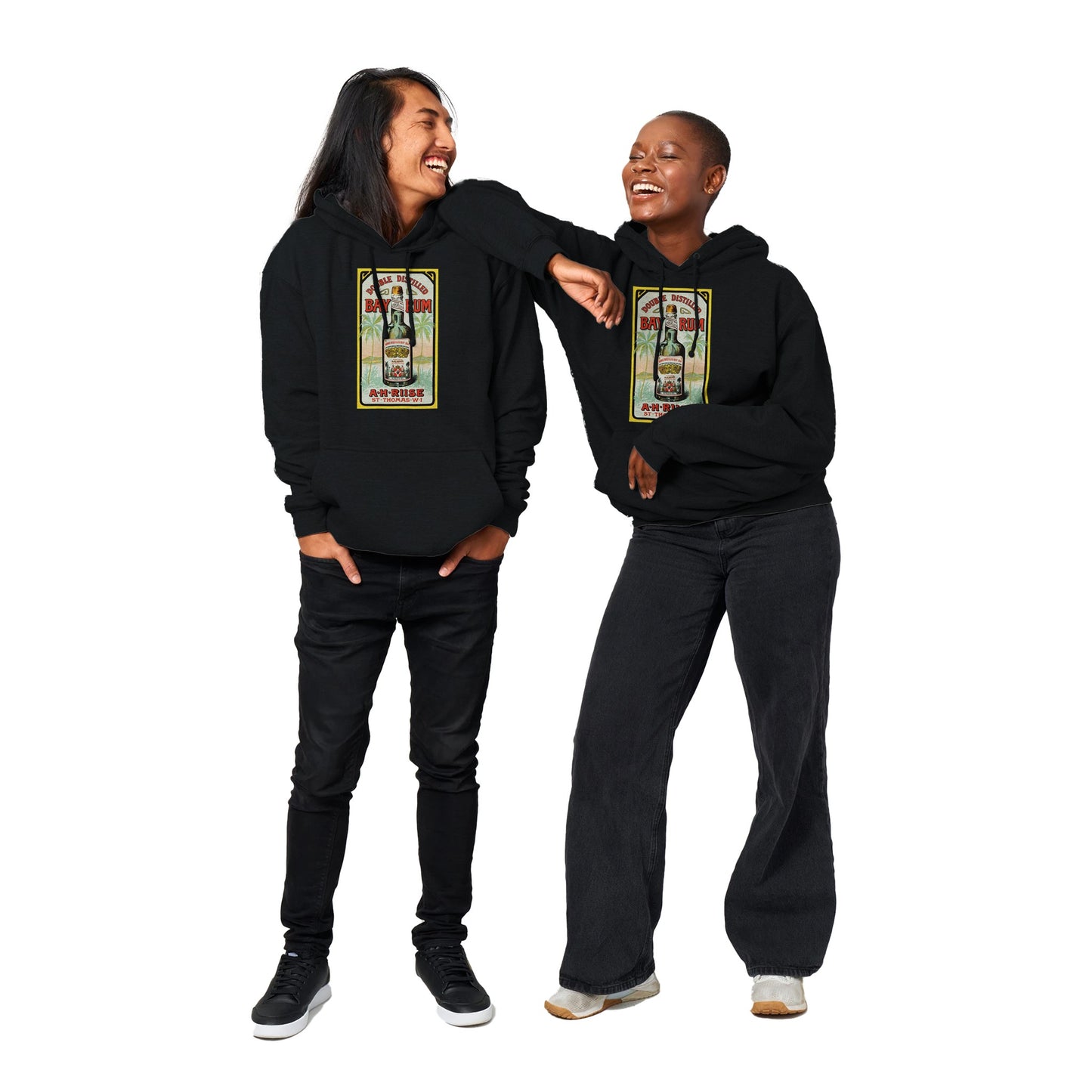 Unisex pullover hoodie med Double Distilled Bay Rum motiv i vintage barbershop-stil