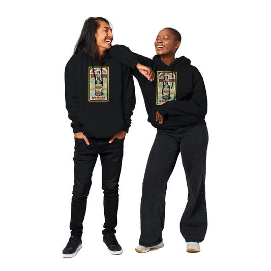 Unisex pullover hoodie med Double Distilled Bay Rum motiv i vintage barbershop-stil