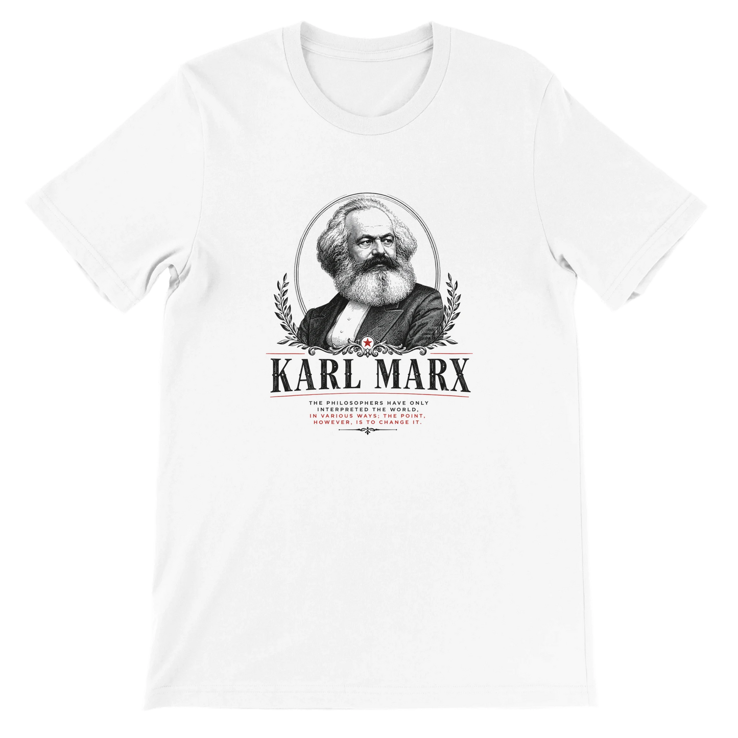 Hvid Karl Marx T-shirt med historisk portræt og klassisk citat i vintage graveringsstil