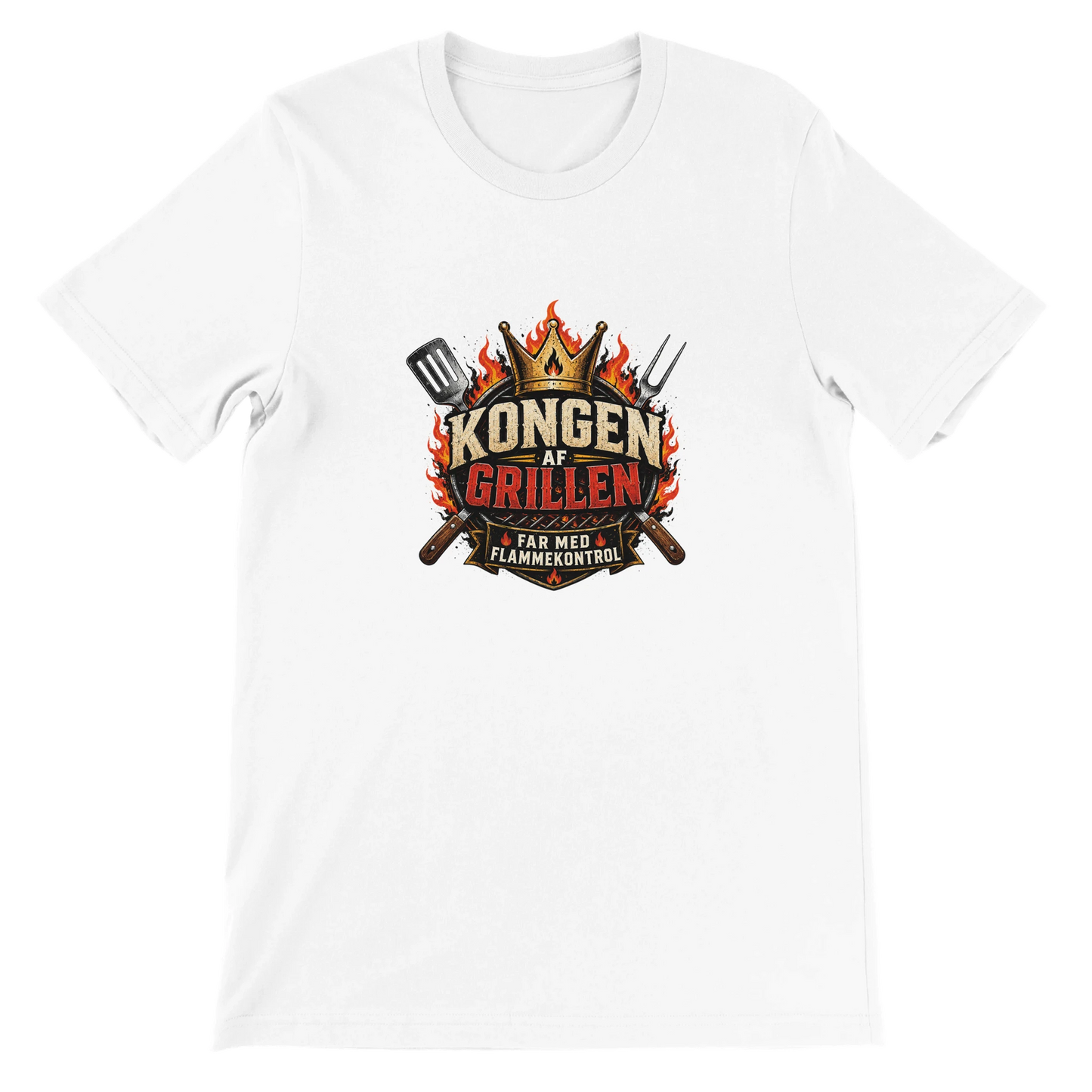 T-shirt-design med teksten Kongen af grillen og far med flammekontrol samt grillredskaber og flammer