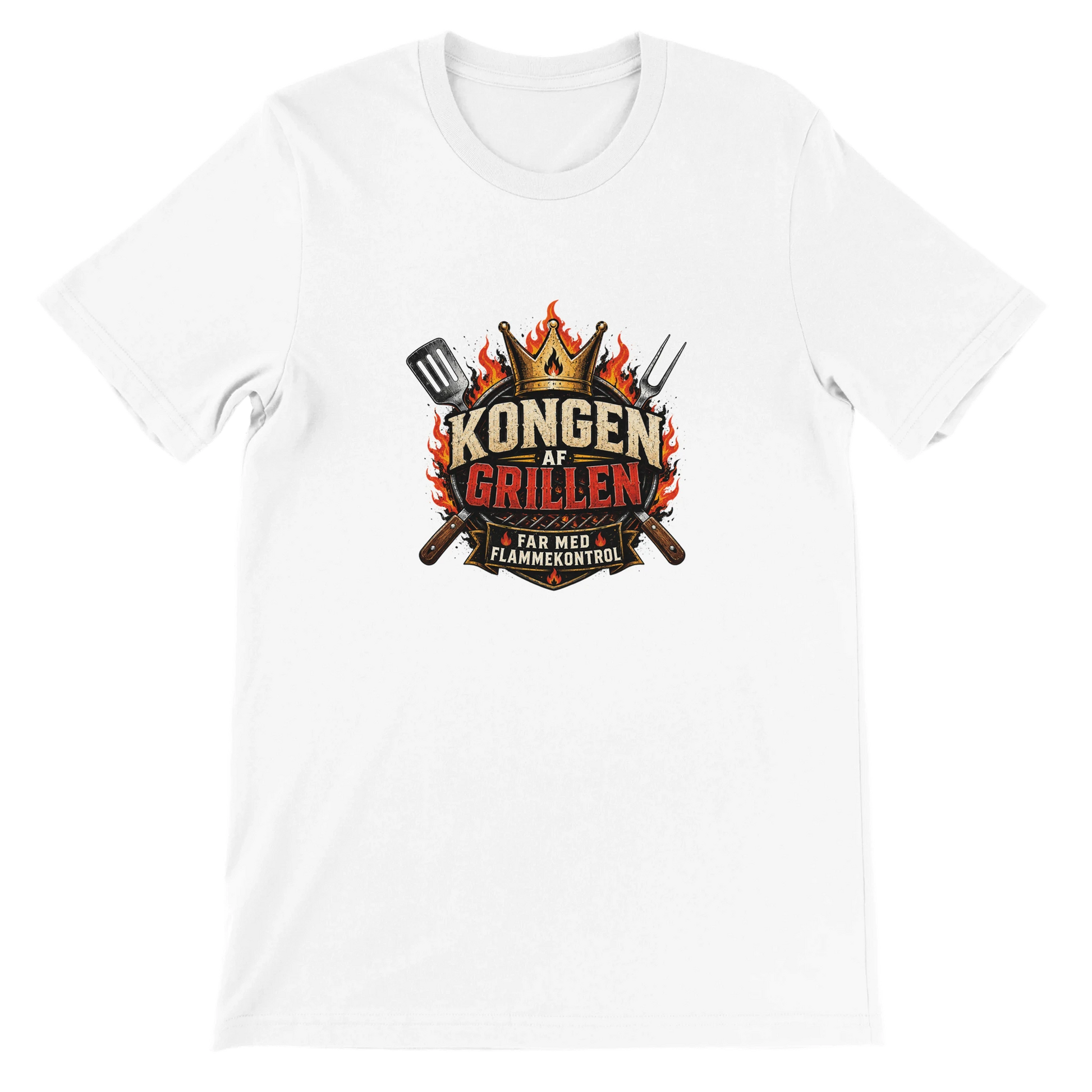 T-shirt-design med teksten Kongen af grillen og far med flammekontrol samt grillredskaber og flammer
