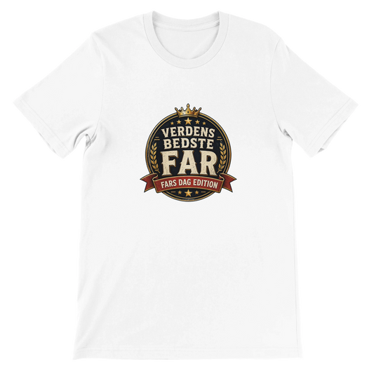Verdens bedste far T-shirt med badge-design og teksten Fars Dag Edition