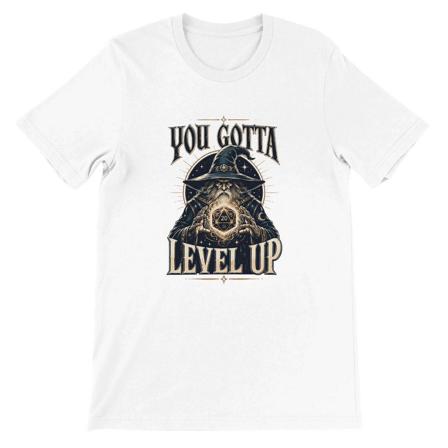 Hvid fantasy T-shirt med troldmand og teksten You Gotta Level Up