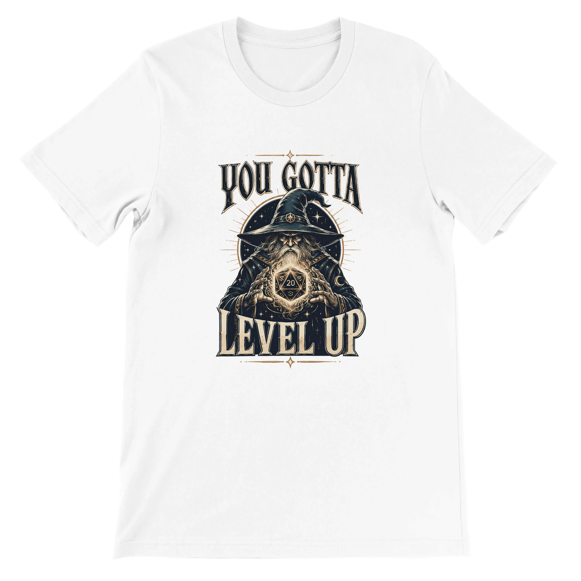 Hvid fantasy T-shirt med troldmand og teksten You Gotta Level Up