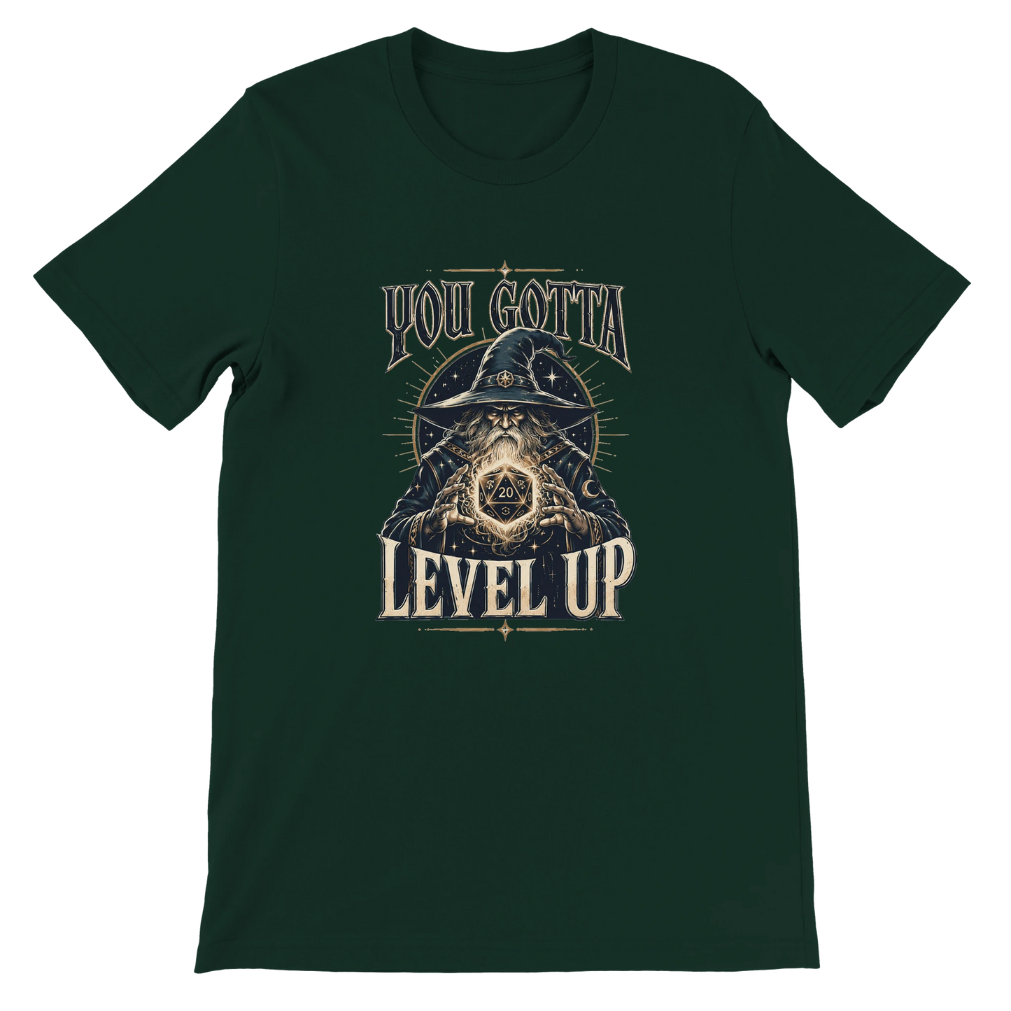 You Gotta Level Up T-shirt med troldmand og lysende D20-terning
