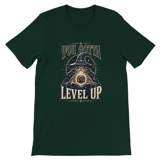 You Gotta Level Up T-shirt med troldmand og lysende D20-terning