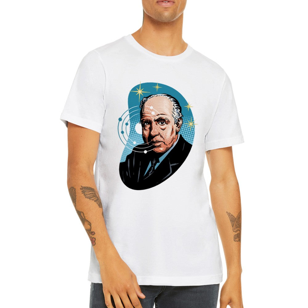 Premium unisex T-shirt med grafisk Niels Bohr artwork på fronten