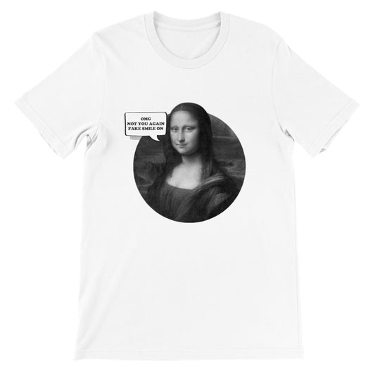Unisex T-shirt med Mona Lisa motiv og teksten OMG Fake Smile On
