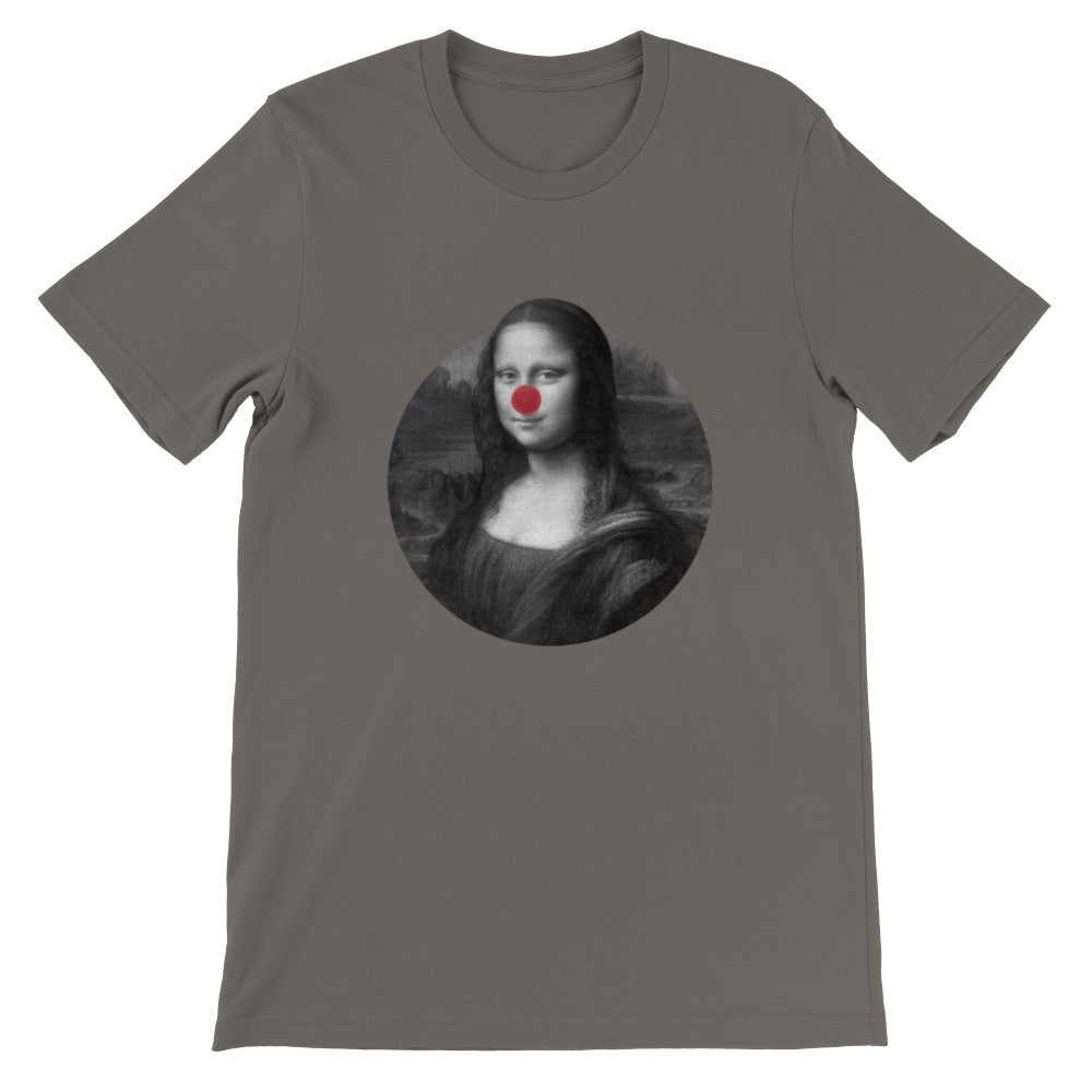 Unisex T-shirt med Mona Lisa portræt og tydelig rød klovnenæse