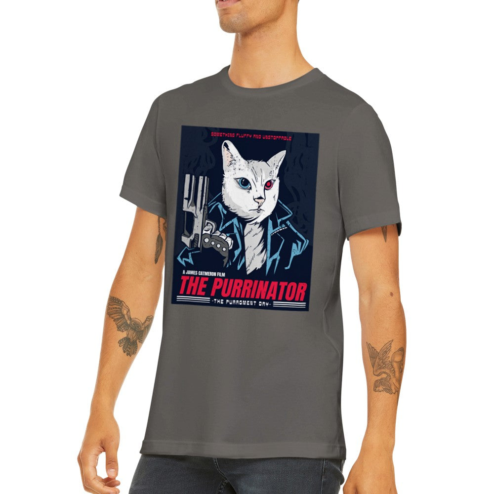 Unisex T-shirt med The Purrinator kattemotiv i dramatisk filmstil