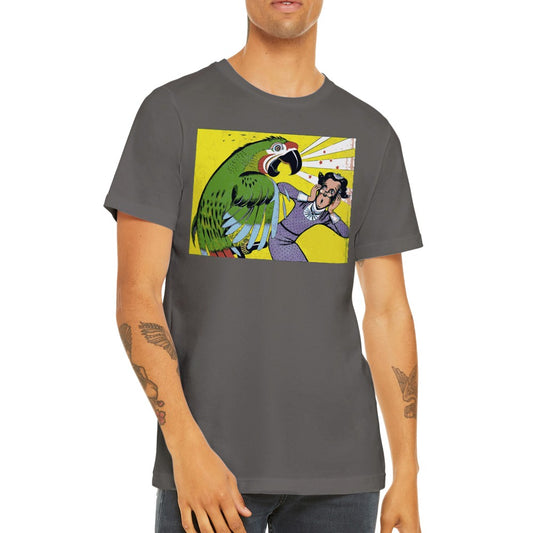 Unisex T-shirt med farverig skrigende papegøje i vintage 1950’er illustrationsstil