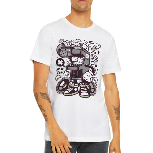 Unisex T-shirt med retro arcade- og boombox-motiv i farverig 80’er-stil