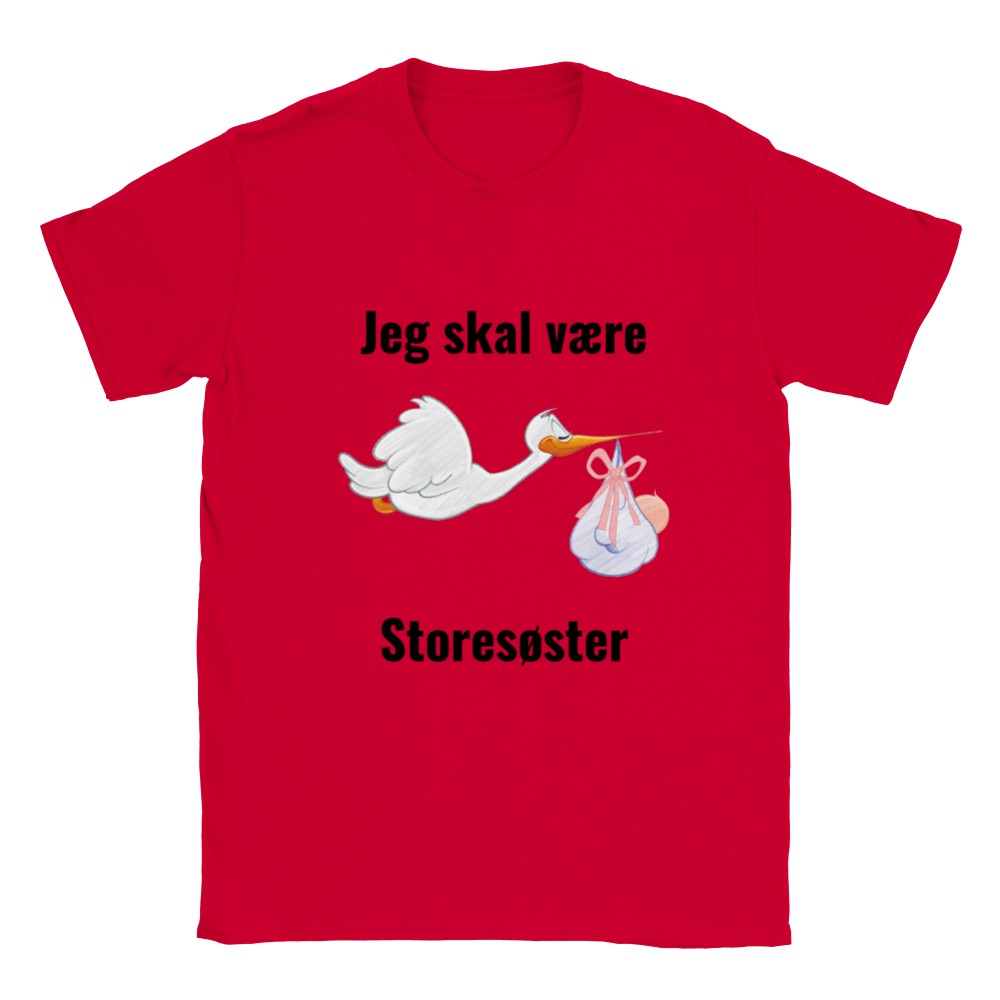 Rød børne-T-shirt med teksten Jeg skal være storesøster til graviditetsafsløring