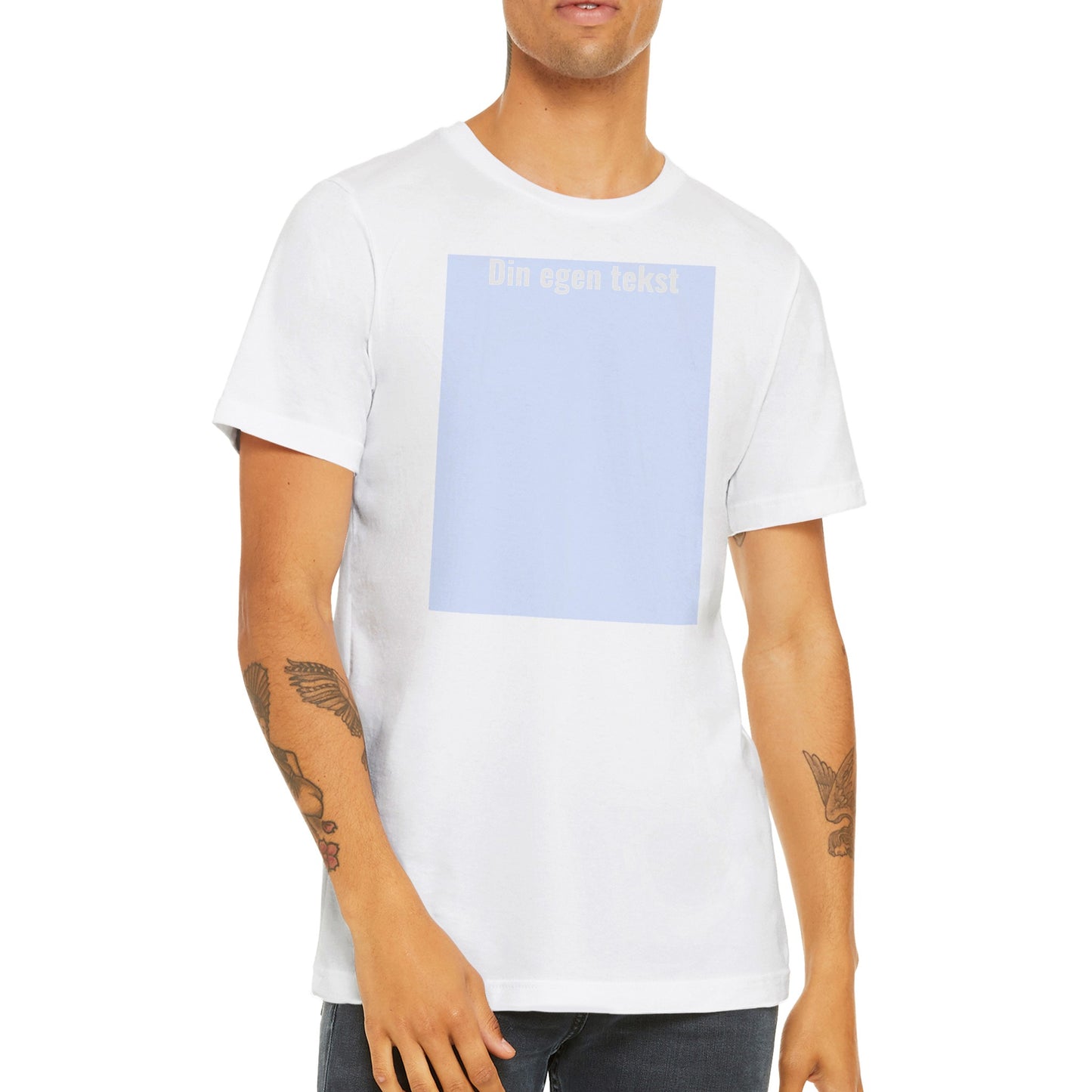 Design Selv T-shirt (billede eller (HVID) tekst ) Tattoveret mande iført  Premium Unisex hvid T-shirt  med tekst og billede boks på t-shirt