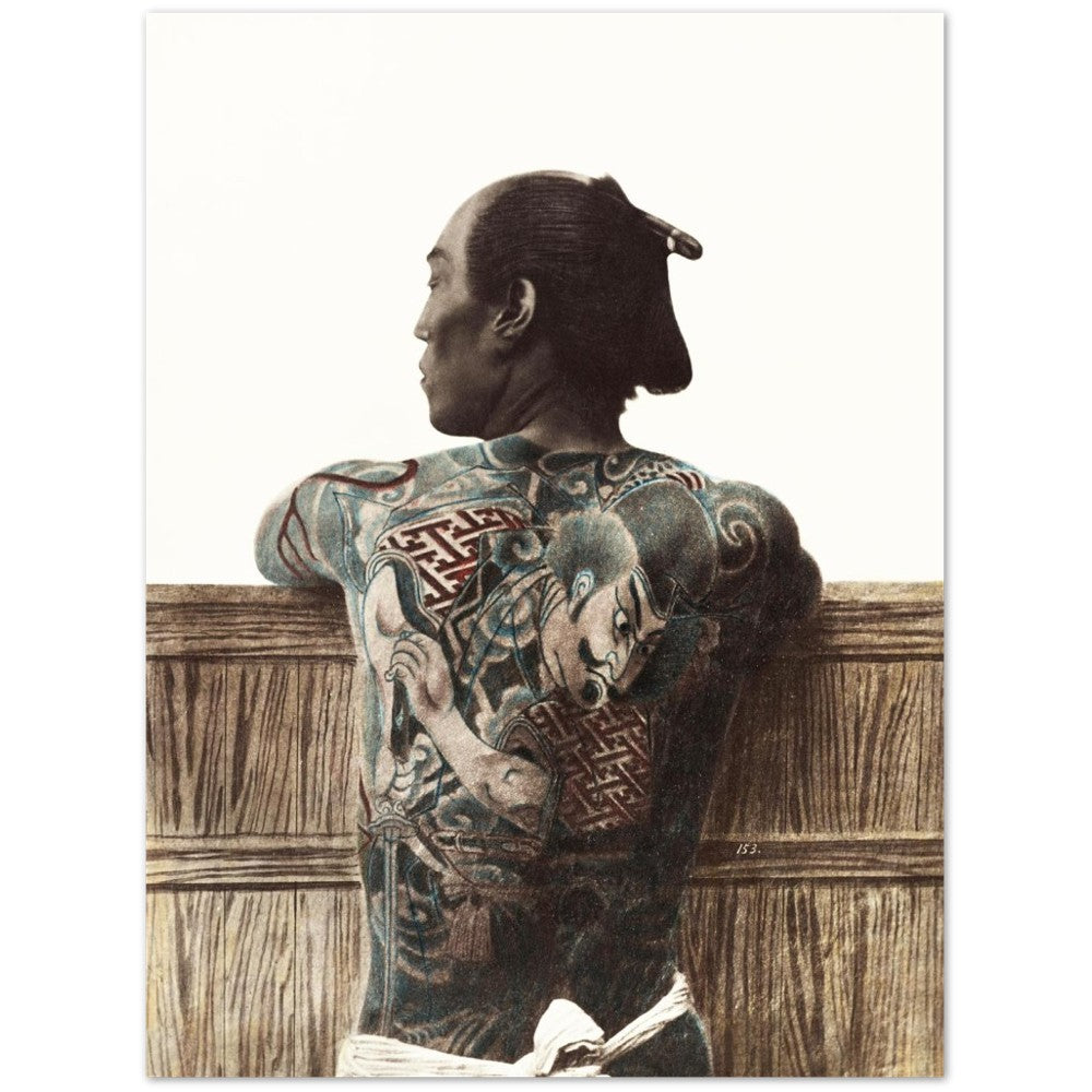 Plakat tatoveret japansk mand med tatovering (Ca. 1870-1890) af Kusakabe Kimbei