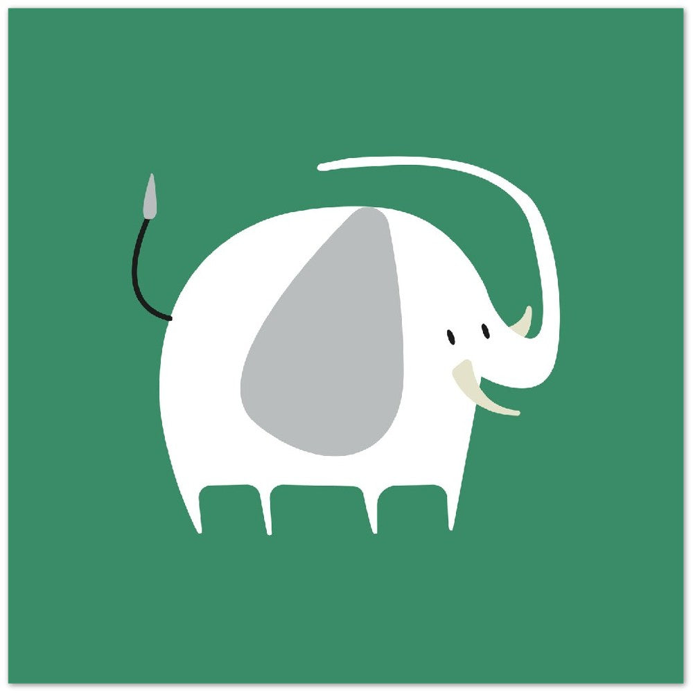 Børneplakater - Sød hvid elefant illustration grøn baggrund Premium Mat Papir