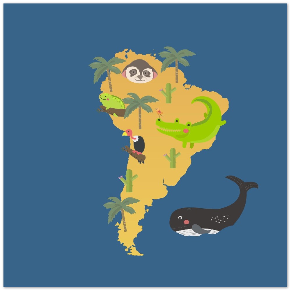Kinderposter – Illustration der Lebensräume von Wildtieren in Südamerika – hochwertiges mattes Posterpapier
