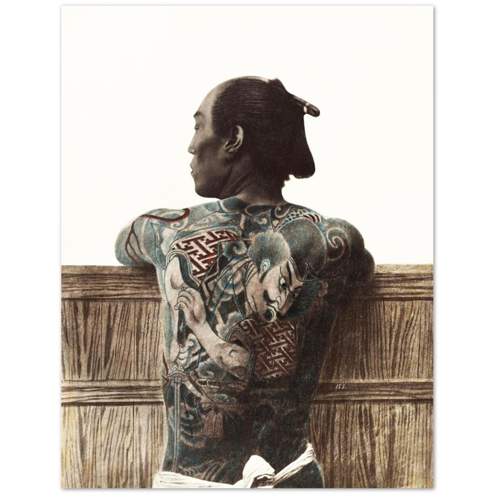 Plakat tatoveret japansk mand med tatovering (Ca. 1870-1890) af Kusakabe Kimbei