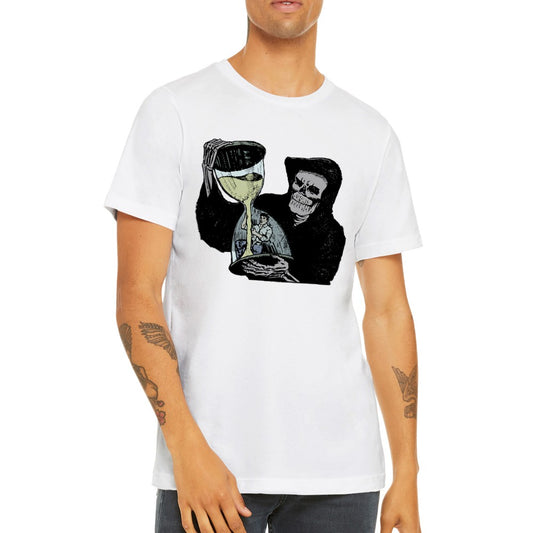 Mørk unisex T-shirt med Grim Reaper og Time’s Up artwork på fronten